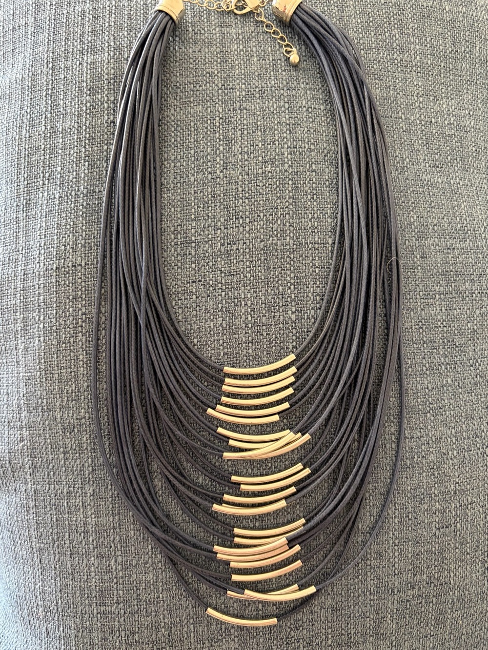 Multi-Strand Navy Cord Necklace Silver Metal Accent Bars Vintage 90s Inspired